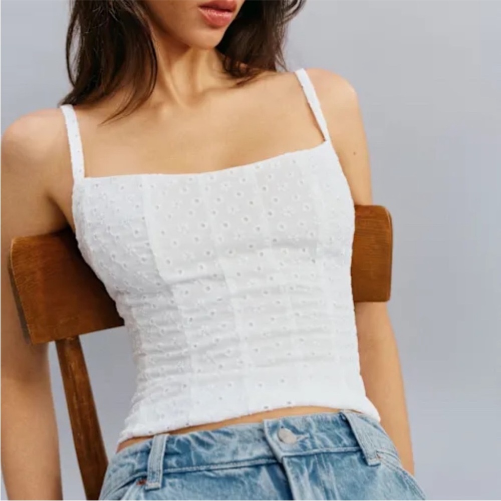 Reformation White Eyelet Square Neck Tank Top